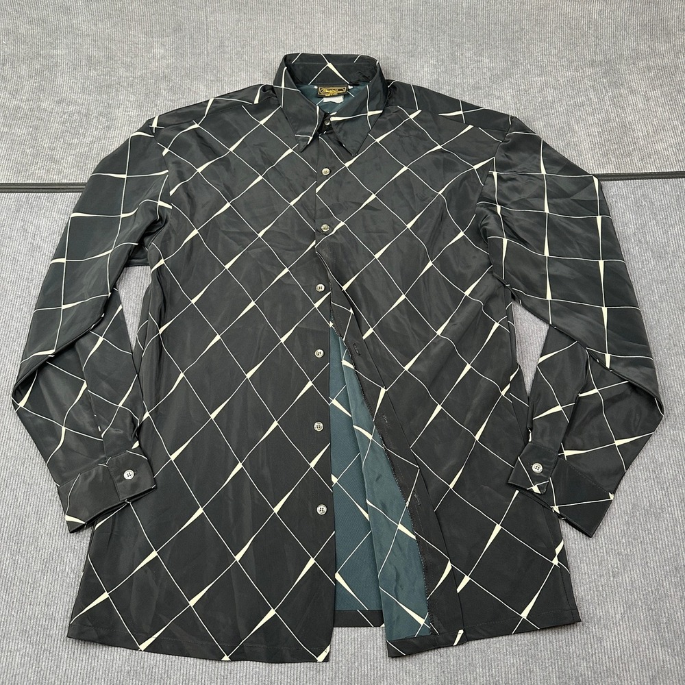 Monzini Collection Mens Geometric Grid Button Up Shirt‎ Black Cream Vintage USA
